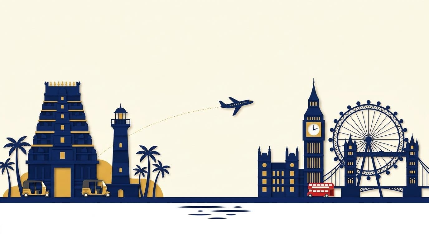 Chennai landmarks on the left, a plane flying across, and London landmarks on the right