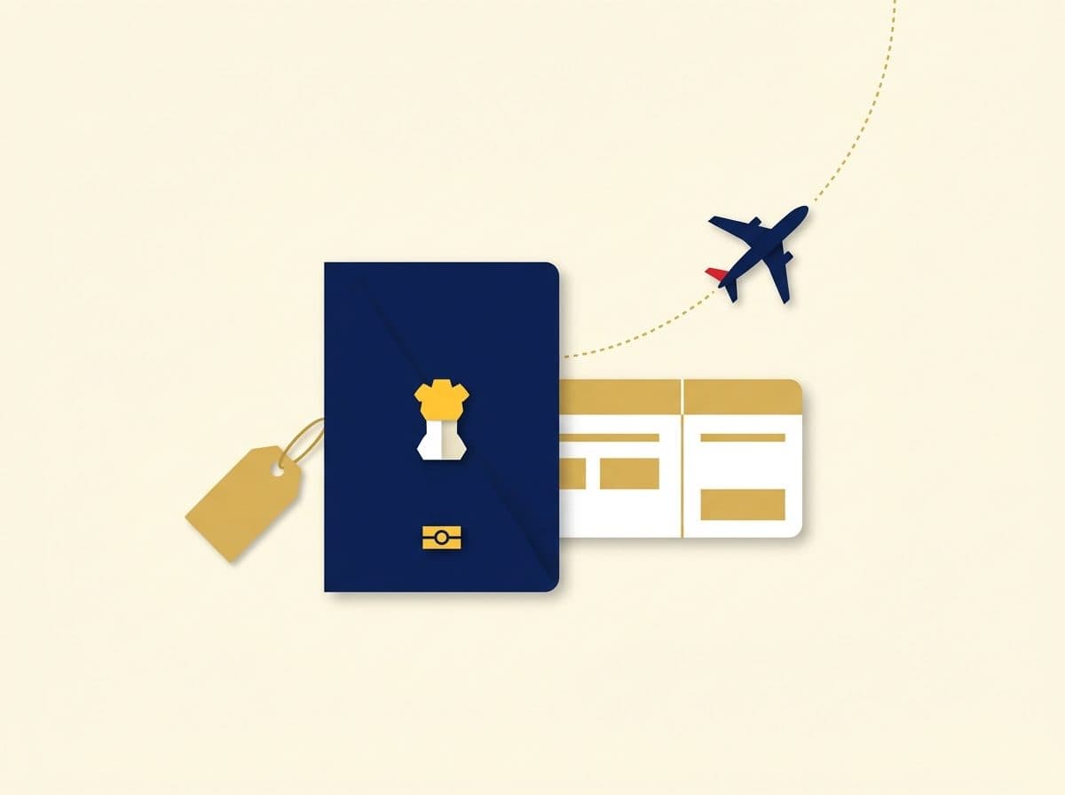 An Indian passport with a gold luggage tag and a boarding pass, with a small aeroplane taking off along a dotted gold trail